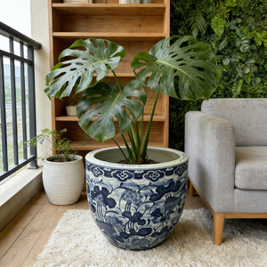 Blue-White Hand-Painted Planter <strong>Pot</strong> Lotus &amp; <strong>Fish</strong> Motifs Antique Decor Flower <strong>Pot</strong> - Product Image 3