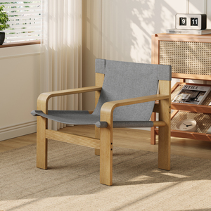 Fauteuil d'appoint en chêne avec accoudoirs larges, style Mid-Century, en tissu lin et structure en bois massif pour salon - Product Image 2