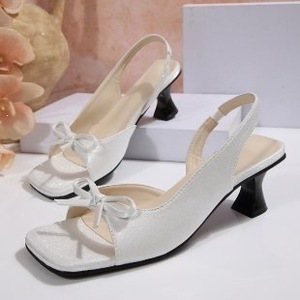 <b>Women</b> Square Open Toe Slingback Sandals Bow Decor Floral Print Fabric Block <b>Kitten</b> <b>Heel</b> Summer Dress Shoes - Product Image 5