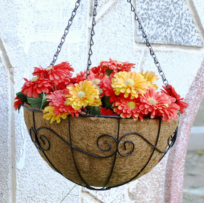 Hanging iron flower pot wall hanging blue and white pot decoration hanging flower basket pot rack