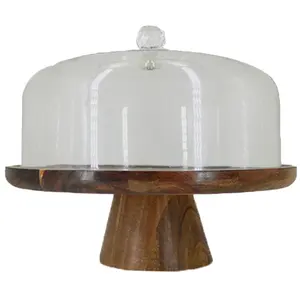 Wooden Cake Stand Footed Cake Plate With Dome Acacia Wood And Transparent Acrylic Lid Wood Cake Stand With Dome