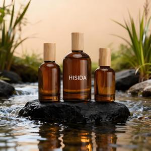 Nouveau design Bouteille de parfum ronde en verre ambré 30ml 50ml 100ml Bouteille de parfum vide avec couvercle en bois - Product Image 6