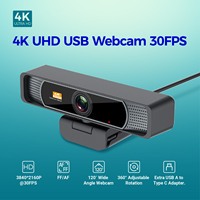 360 Derece Döndürme 4K CMOS Sensör Dahili Mikrofonlu Hoparlörlü ve Android TV için Üç Düğmeli Uzaktan Kumandalı USB Web Kamerası