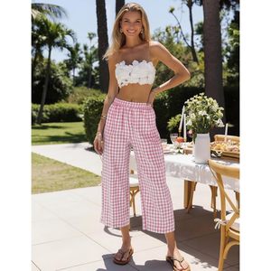 FOXA Pantalon Capri à jambes larges pour femme, en coton, à carreaux, taille élastique, style palazzo, avec poches - Product Image 2