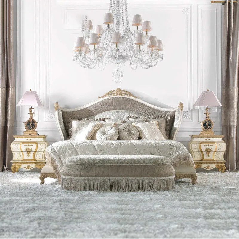 Tempat tidur pernikahan gaya Eropa, kamar tidur mewah, tempat tidur antik royal ukir kayu Solid desain ukiran tangan Royal Master
