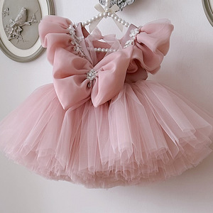 Robe de fête formelle rose respirante et douce pour la peau avec nœud à volants pour filles, idéale pour anniversaire, <span class=keywords><strong>mariage</strong></span> et occasions spéciales - Product Image 2