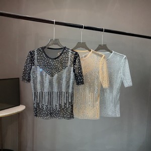 2026 女式重型水钻 T 恤短袖上衣防晒罩衫镂空透明网眼时尚衬衫 - Product Image 2