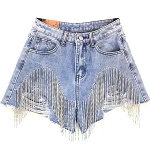 Women luxurious Tassel Rhinestone Fringed Jeans Shorts Female High Waist 2021 Summer Fashion Designer Wide Leg Denim Shorts