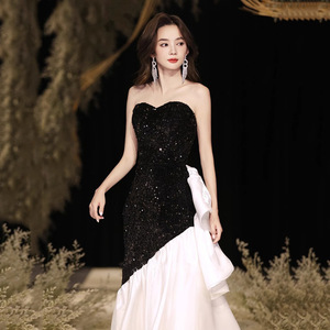 Black Asymmetrical Strapless Evening Gown With Sequins And Ruffle Skirt For Banquet Hostess Dress - Product Image 2