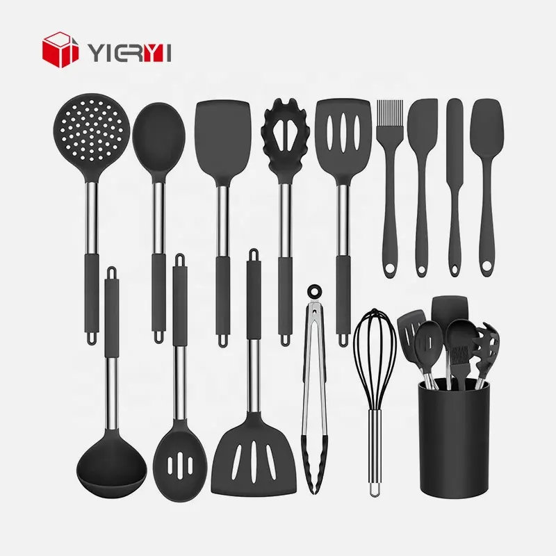 Conjunto de utensílios de cozinha de silicone para cozinhar, 15 peças, utensílio de cozinha multifuncional preto, seguro para alimentos, resistente ao calor, ideal para uso em ambientes quentes