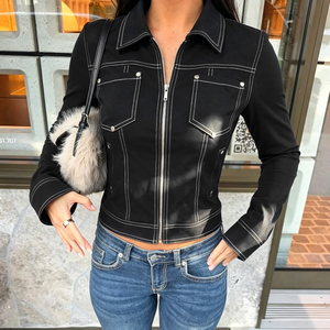 Chaqueta de mezclilla sintética negra para mujer, con cremallera, corte ajustado, estilo corto, con costuras en contraste, manga larga, estilo casual, estilo motero - Product Image 2