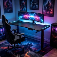 Escritorio de Juegos Eléctrico Personalizado, Mesa Ajustable en Altura, Escritorio de Fibra de Carbono con Patas Cuadradas de Acero, Luz RGB
