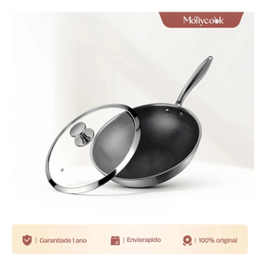 Wok en acier inoxydable triple couche de 32 cm avec revêtement céramique et motif alvéolé gravé, compatible gaz et induction - Product Image 6