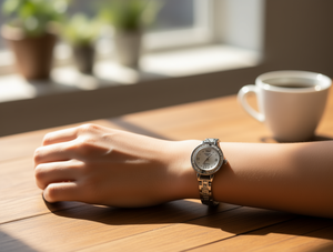 Orologio da donna in acciaio inossidabile con diamanti, analogico al quarzo, quadrante rotondo da 26 mm, elegante chiusura a farfalla, cinturino da 20 cm - Product Image 2