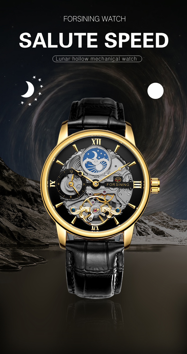 Forsining 8217 Design Hollow Engraving Black Gold Case Leather Skeleton Mechanical Watches Men Luxury Brand Heren Horloge