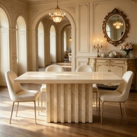 Table de salle à manger moderne en marbre travertin beige à plateau rond et rainuré, 4 places, portable, imperméable et durable