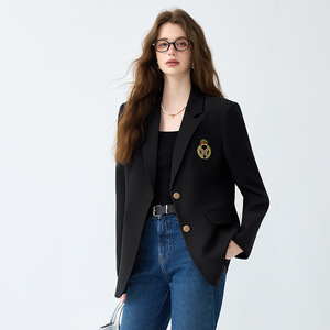 Black Suit Jacket Women Solid Color Polyester Blazer With Pocket Design For Petite Fit - Product Image 1