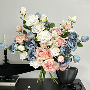 Bouquet de roses artificielles à 3 têtes, fleurs en soie à bords brûlés, arrangement pour la décoration de la maison et des mariages - Product Image 2