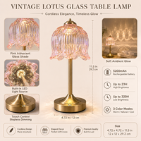 Lampe de table portable sans fil de luxe, abat-jour en verre vintage en forme de lotus, lumière LED rose en cristal pour hôtel, restaurant, table de chevet