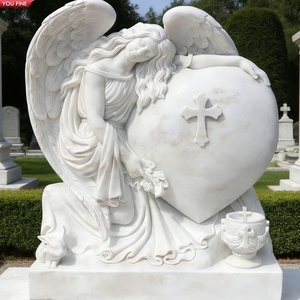 YOUFINE Pierre tombale en <span class=keywords><strong>marbre</strong></span> blanc sculptée à la main, motif ange pleurant avec croix, statue commémorative pour cimetière - Product Image 1