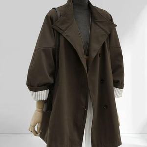 Manteau coupe-vent beige croisé pour femme, nouvelle collection printemps-automne 2026, style coréen, col montant, coupe ample, décontracté, mi-long - Product Image 2