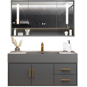 Nouvelle vanité de salle de bain grise avec armoire miroir en nid d'abeille, comptoir gris, vasque intégrée courbée à chaud et corps mural - Product Image 1