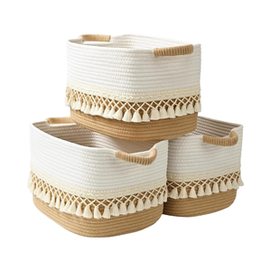 Boho Large Woven Cotton Rope Storage Bins Heavy Tassel Shelf <strong>Baskets</strong> Organizing <strong>Cube</strong> Organizer Bins for Baby's Clothes - Product Image 1