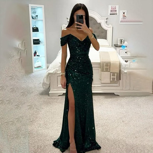 2025 thanh lịch của phụ nữ sequined bóng ăn mặc sexy khe cổ dài maxi Dresses off-vai chính thức buổi tối prom áo choàng cưới - Product Image 4