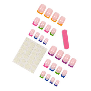 Uñas Postizas Cortas Cuadradas, Base Transparente Color Piel, Multicolor Arcoíris, Punta Francesa, Diseño de Flores, Corazones y Croc-Hearts - Product Image 4