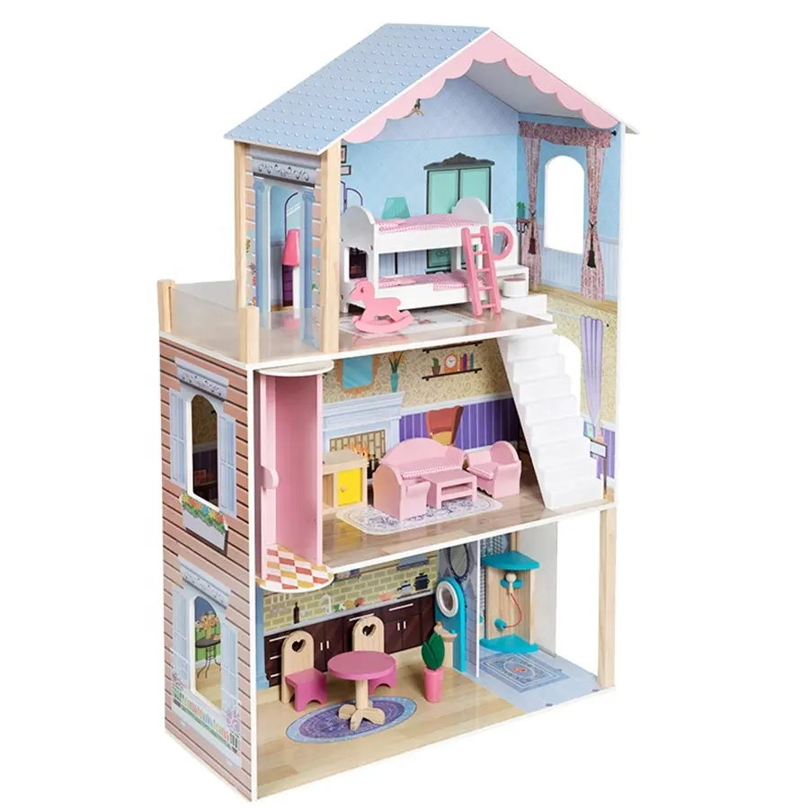 Neues Holz-Spielpuppenhaus für Mädchen anpassbares Holzpuppenhaus für Kinder mit Möbeln, kleines Holz-Spielhaus für Mädchen