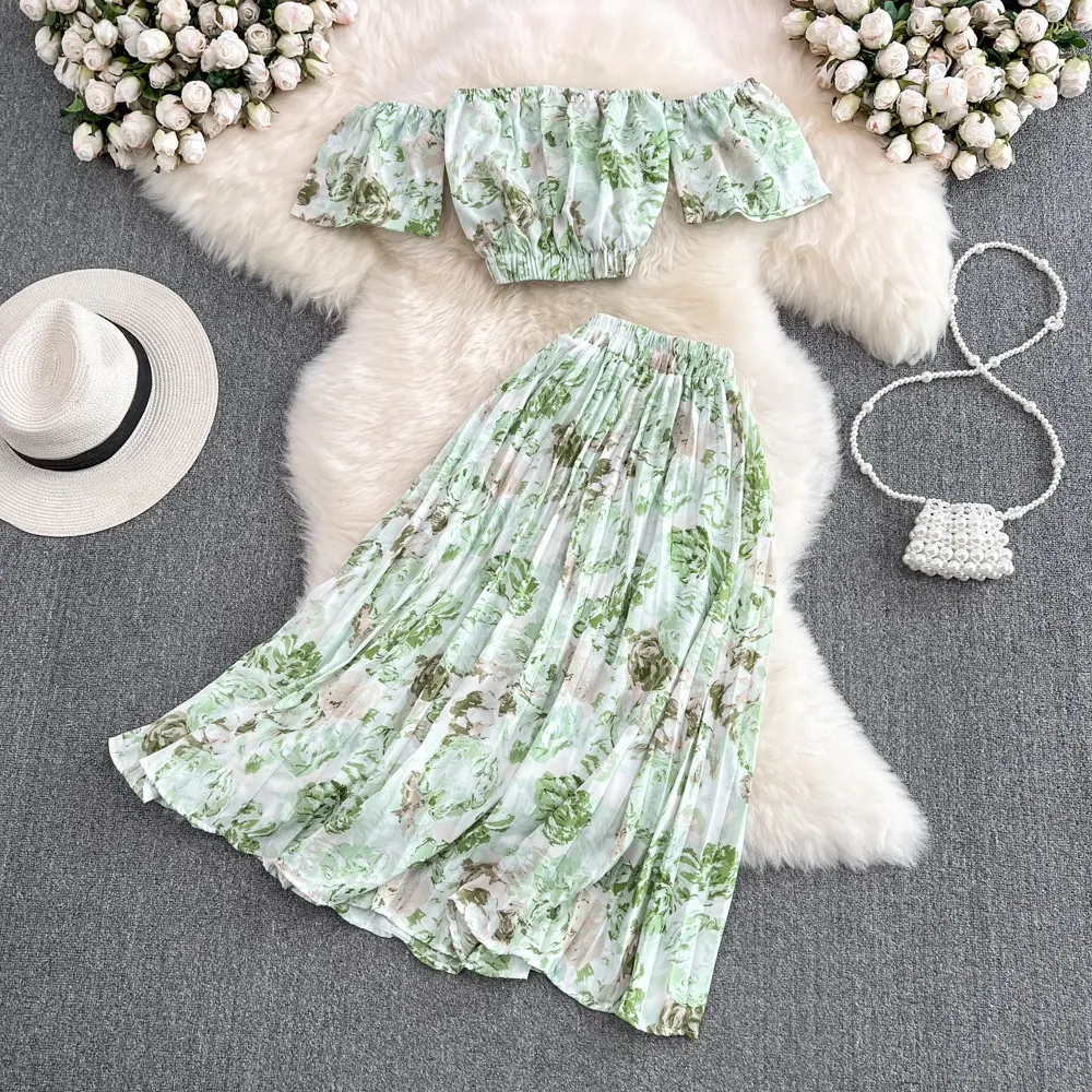 New Women's Suits 2 Piece Summer Sets Women Off-the-shoulder Short Top + Skirt Women's Two Piece Clothing Set