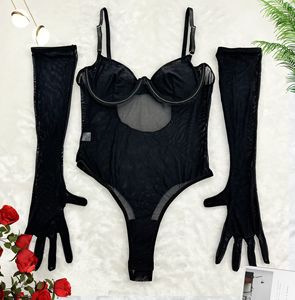 Nuovo Body Modellante Senza Maniche con Spalline Regolabili per <span class=keywords><strong>Donne</strong></span>, Body Sexy <span class=keywords><strong>Nude</strong></span>, Lingerie Rossa con Un Paio di Guanti - Product Image 6