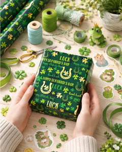 Green gold-plated St Patrick's Day gift wrapping <b>paper</b> with golden horseshoe shamrocks Double-sided printing customizable - Product Image 3