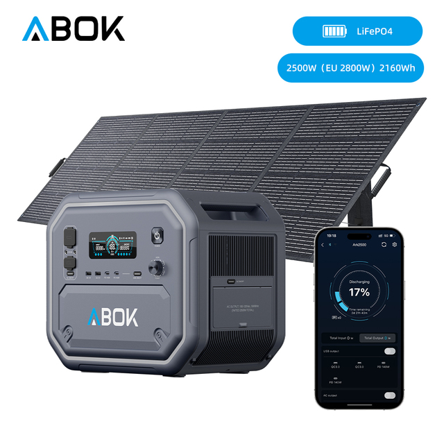 ABOK 2500W Outdoor Solar Energy System 2160Wh Portable Power Stations 2500 Watt LiFePO4 Battery Pure Sine Wave MPPT Solar Panel