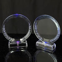Plaque de trophée ronde en verre cristal personnalisable, trophée en cristal vierge avec base lumineuse LED
