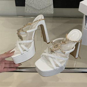 Sandales à plateforme pour femmes avec grands strass, bout carré ouvert, talons épais, chaussures d'été brillantes avec lanières à diamants à la cheville - Product Image 4