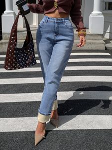 Automne et hiver jeans à jambes étroites et larges pour femmes 2025 nouveau pantalon à tube droit élastique épais taille haute ajouté polaire - Product Image 1