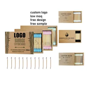 Atacado Reutilizável De Madeira Eco Friendly Custom Logo Orelha Limpeza Buds Colorido 200pcs Bambu Algodão Orgânico Vara Cotonetes Em Massa