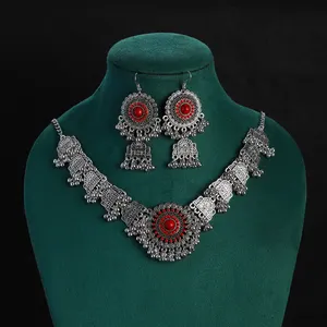 波西米亚复古民族叶红石流苏项链女吉普赛银彩色长链项链女藏族饰品
