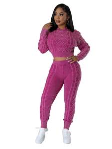 Di alta qualità <span class=keywords><strong>donna</strong></span> vecchio stile lavato maglia maglia a manica lunga 2 Set Vintage Crop Top due pezzi <span class=keywords><strong>tuta</strong></span> - Product Image 3