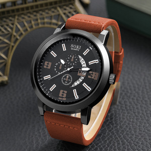 Moda di vendita calda da uomo uomo orologio Casual numero data lega orologio al quarzo imitazione cinturino in pelle orologio (WA029) - Product Image 1