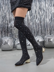 Japanese Style Pointed Stiletto High Heel Black Leather Knee-High <b>Boots</b> with Silver Fabric Winter Fashion Sexy Stockings - Product Image 5