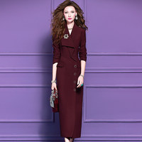 Robe de costume rouge sur mesure FMY Factory pour femmes avec volants, robe mi-longue à simple boutonnage pour les déplacements professionnels, 67964