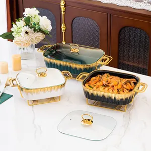 Hotel Restaurant Porcelain Glass Lid Food Warmer Soup Pot Luxury Rectangle Double Ears Ceramic Casserole Dish Plate