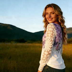 Blusa de Mujer de Talla Grande, Estilo Europeo, Sexy, con Encaje, Manga Larga, Corte Holgado, para Verano y Otoño, con Estampado Floral, Cuello en V con Botones, Casual - Product Image 3