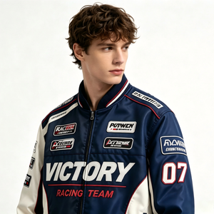 Chaqueta de Cuero Híbrida OEM Estilo <span class=keywords><strong>Biker</strong></span> Varsity con Bordado Personalizado 2026, Chaqueta Letterman de Carreras, Chaqueta de Cuero de Carreras de Fábrica - Product Image 4
