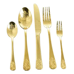 Morden Luxury Flatwar Gold Tenedor Cuchillo y cuchara Bestekset Set Cubiertos Tenedor Cuchara de té Vajilla de acero inoxidable