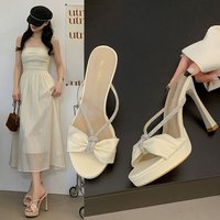 Mules à plateforme en satin avec nœud en strass, talon aiguille, bout ouvert, couleur nude, logo personnalisé, chaussures de mariage et de soirée, OEM ODM, vente en gros