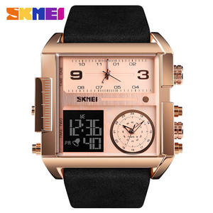 Montre électronique <span class=keywords><strong>SKMEI</strong></span> <span class=keywords><strong>1391</strong></span> pour homme, cadran carré grand format, bracelet en cuir véritable, résistante à l'eau 3BAR, plusieurs fuseaux horaires - Product Image 5