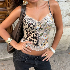 Top de tirantes vintage Y2K para mujer, de punto con encaje y patchwork, sin mangas, sin espalda, para fiesta, club, verano, nuevo, de malla transparente - Product Image 1